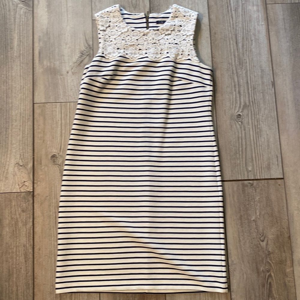 TOMMY HILFIGER Navy & White Striped Dress 12 Crochet Lace Yoke Midi